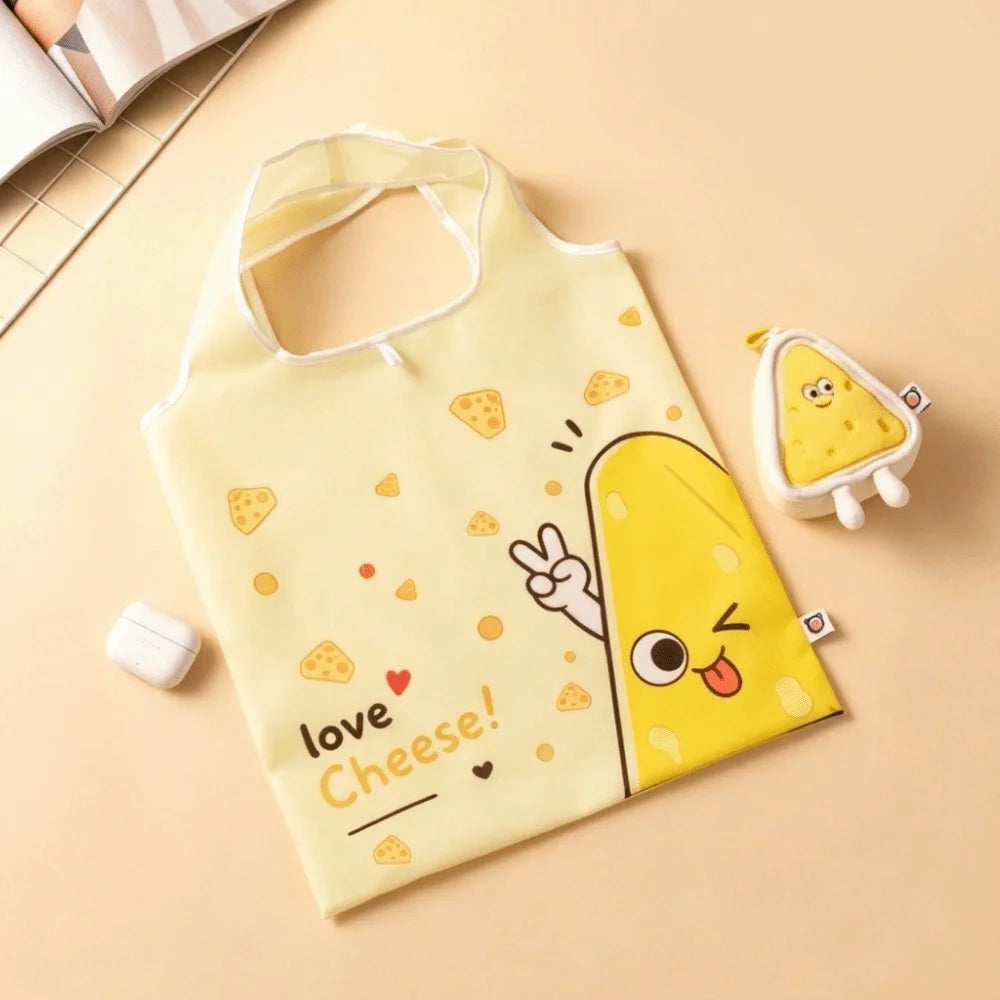 Foldable Cartoon Tote Bag with Pouch & Hanging Charm
