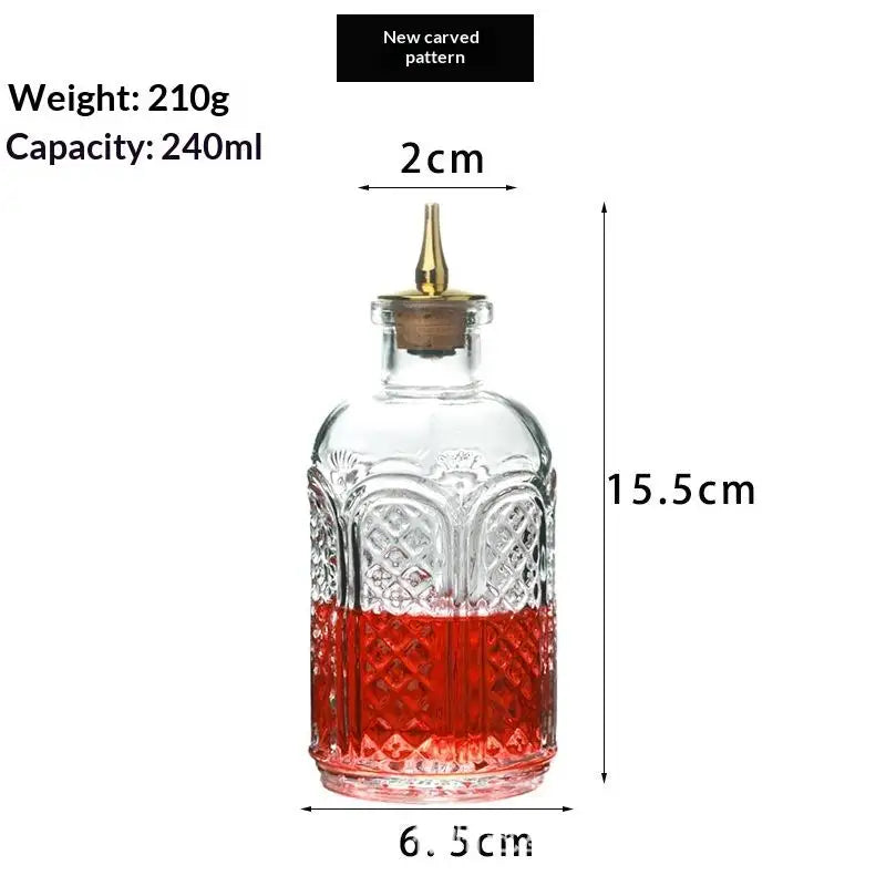 Vintage Embossed Glass Bitters Bottle with Stopper & Pour Spout