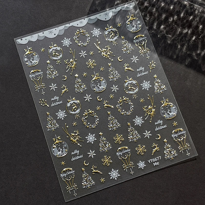 Christmas Nail Art Stickers – Gold Elk, Snowflake & Wreath