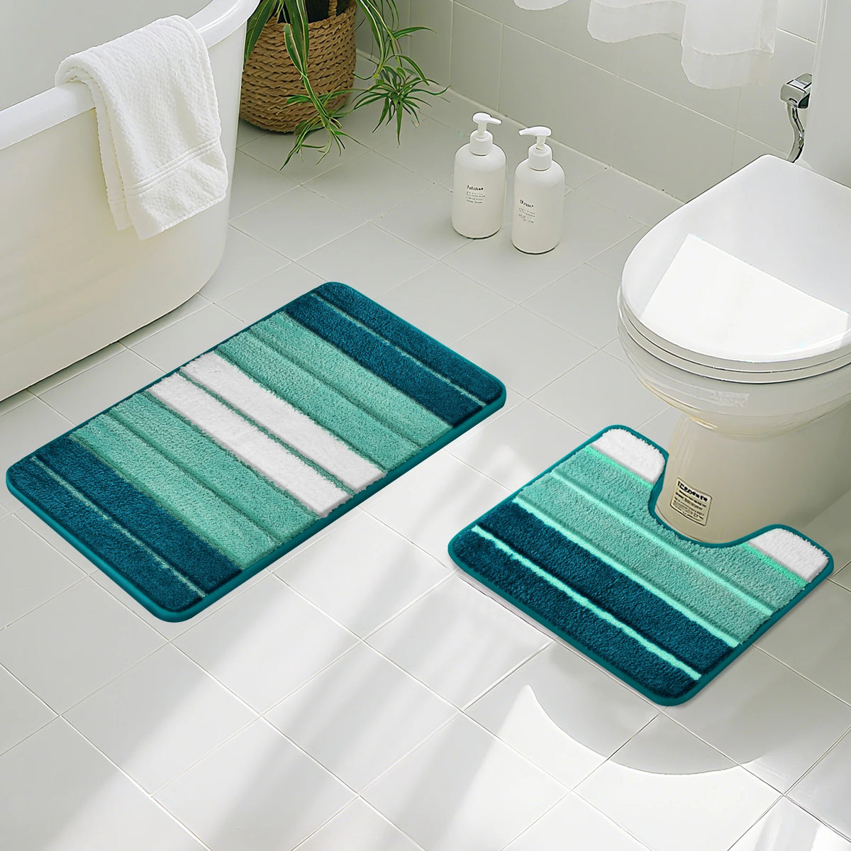 Striped Microfiber Bath Mat Set – Non-Slip Absorbent Shower Rugs