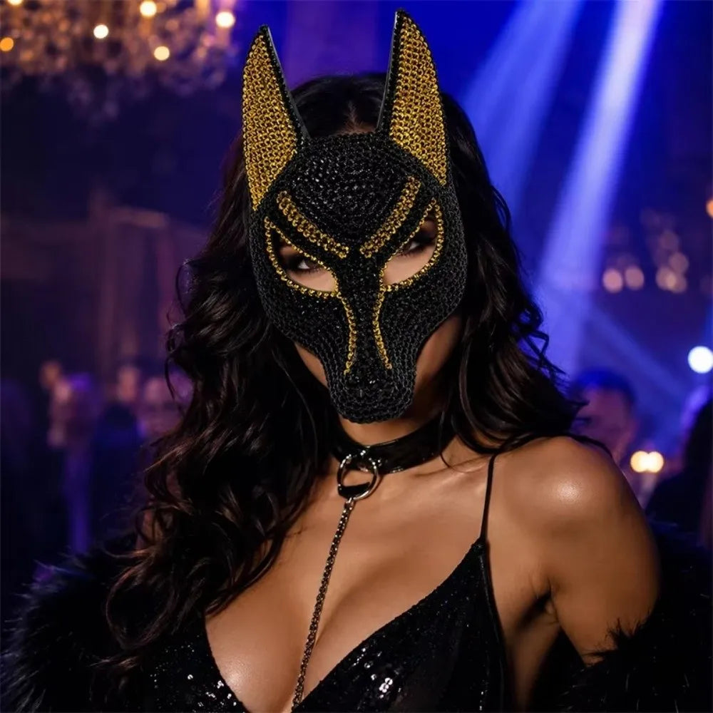 Rhinestone Wolf Head Masquerade Mask | Sparkly Half Face