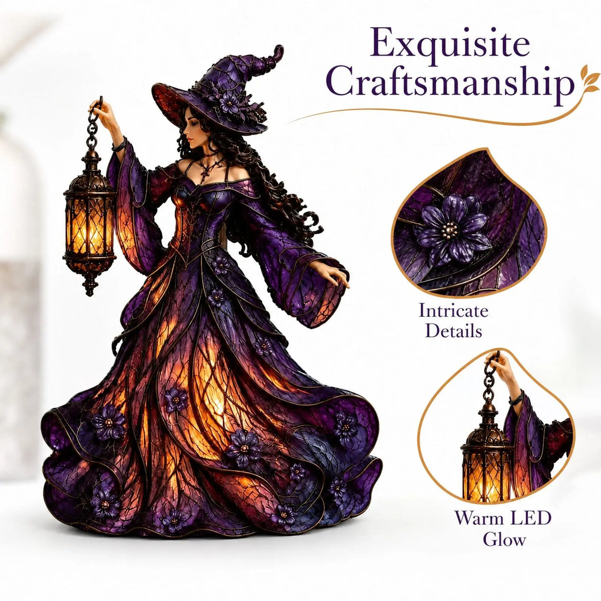 Witch Figurine LED Lantern Ornament – Halloween Resin Statue