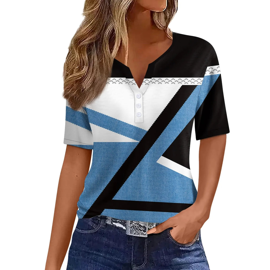 Women's Patchwork V-Neck T-Shirt Short Sleeve Casual Top S–XXXL