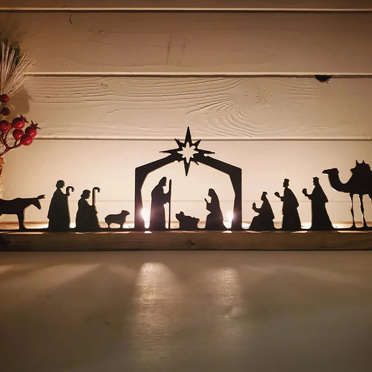 Nativity Scene Metal & Wood Tabletop Candle Holder