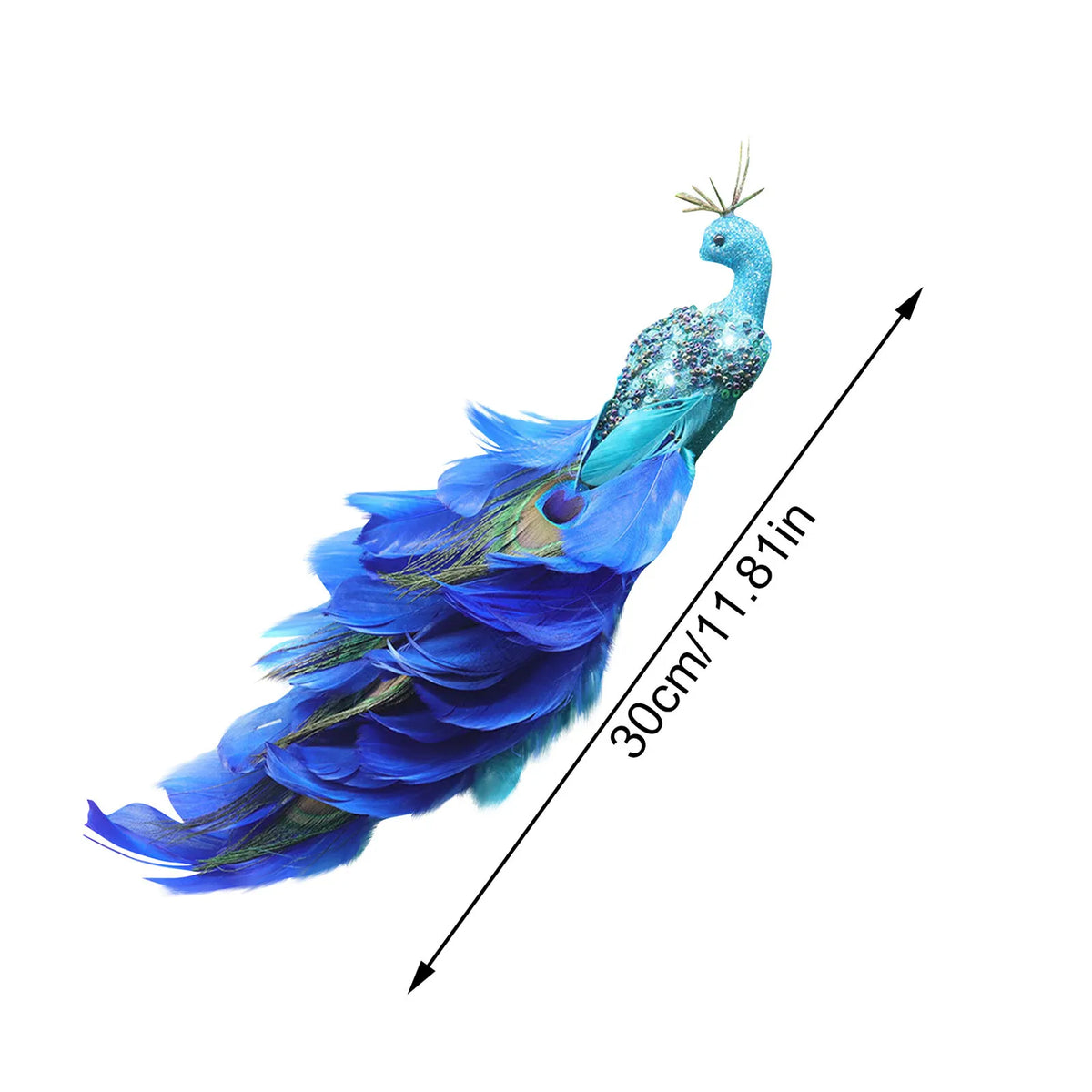 Glitter Blue Peacock Ornament Real Tail Feather Clip-On Decor
