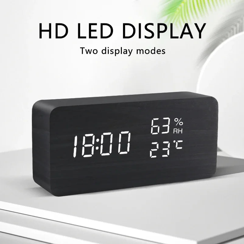 LED Digital Alarm Clock Wooden Style Voice Control USB/Battery