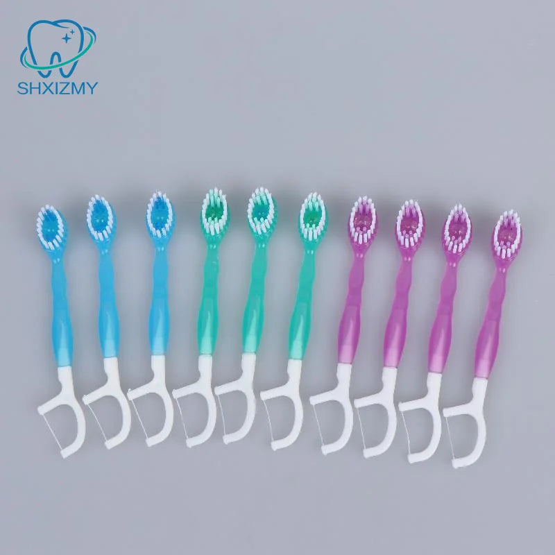 10-Pack 2-in-1 Dental Floss Toothbrushes – Soft Nylon Bristles
