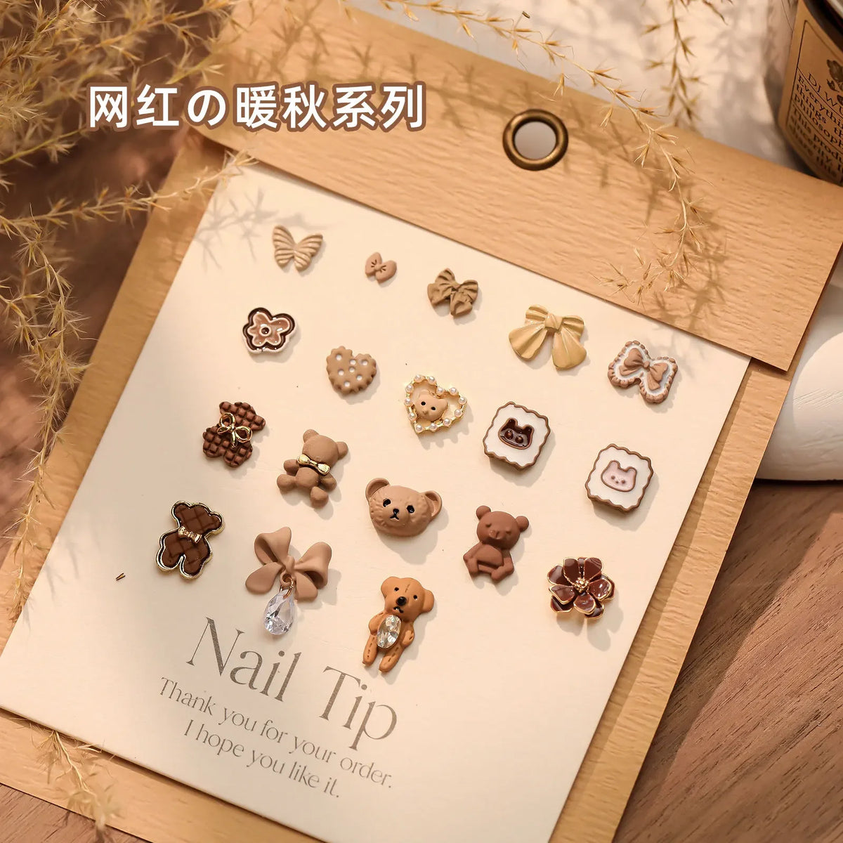 2PCS Autumn Metal Nail Charms Bear Bow Flower DIY Decorations