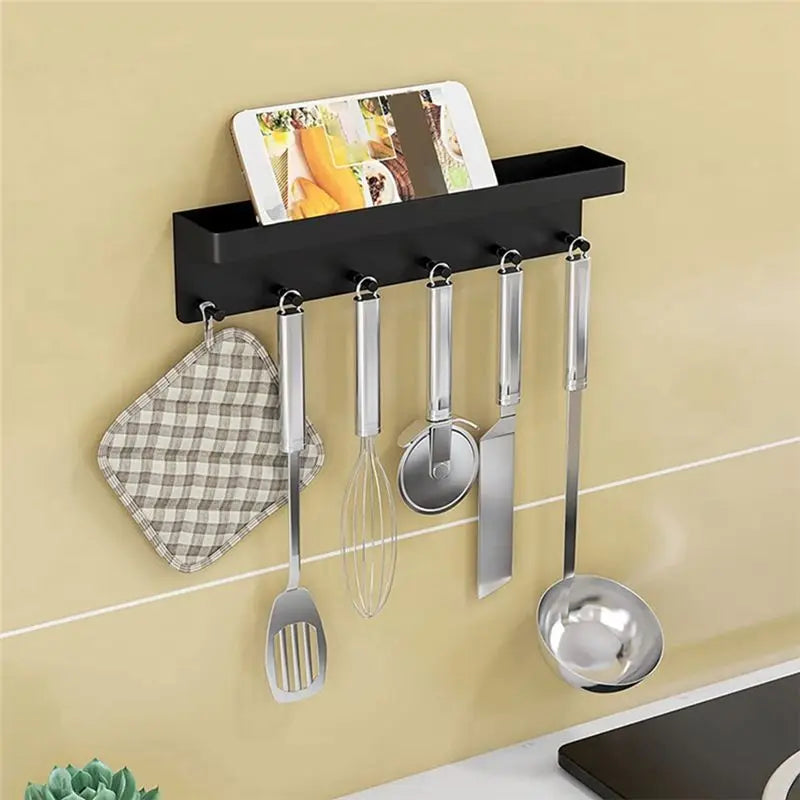 Wall-Mounted Key Rack with Shelf & 6 Hooks – Black Steel