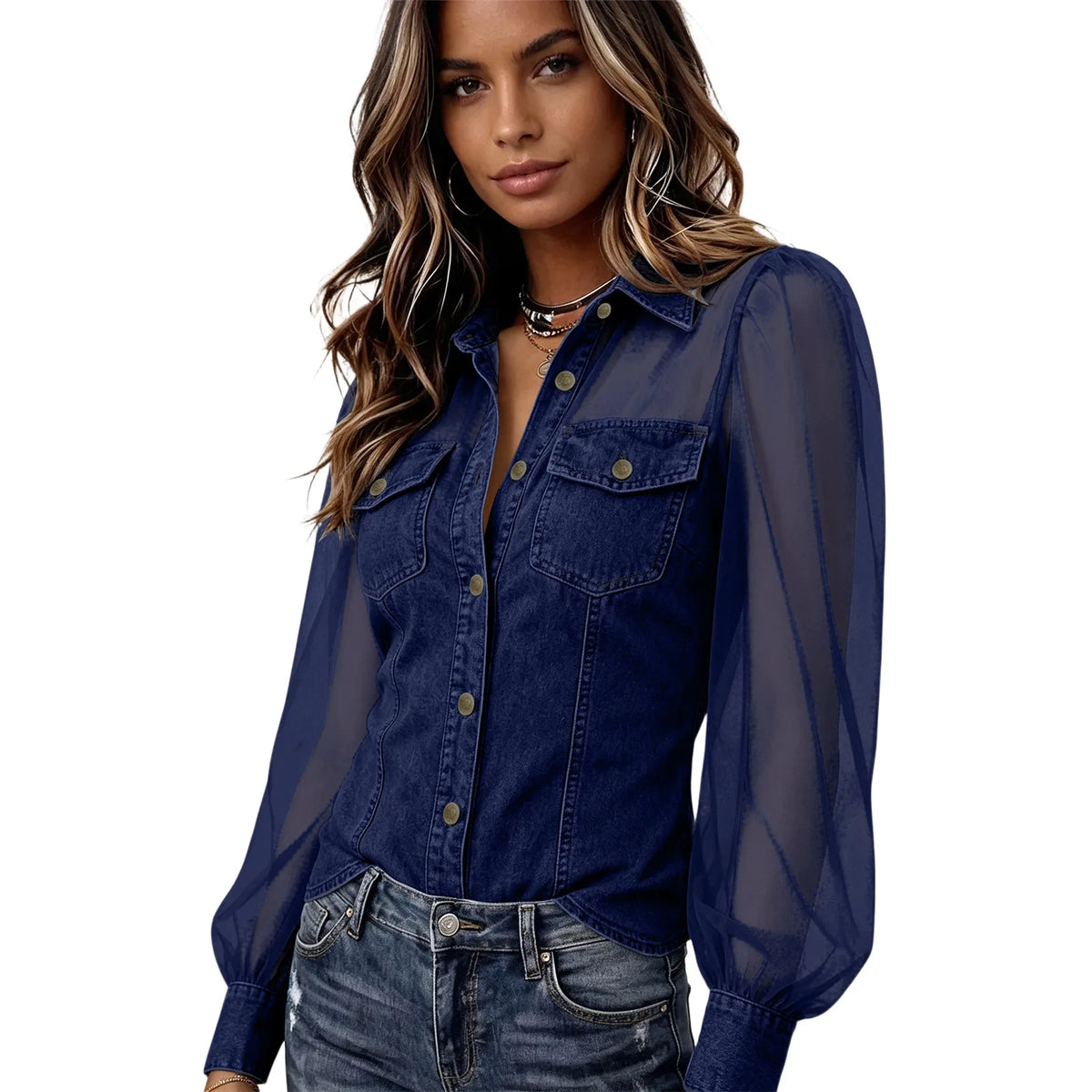 Women's Sheer Sleeve Button-Down Blouse | Elegant Collared Top