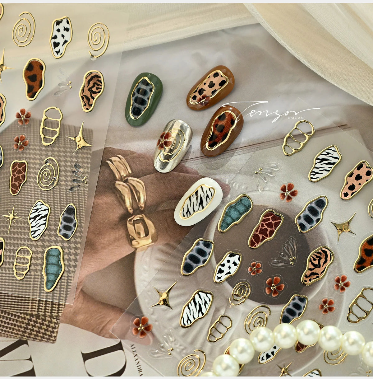 Retro 3D Animal Print Nail Stickers – Gold Leopard & Cow Decals