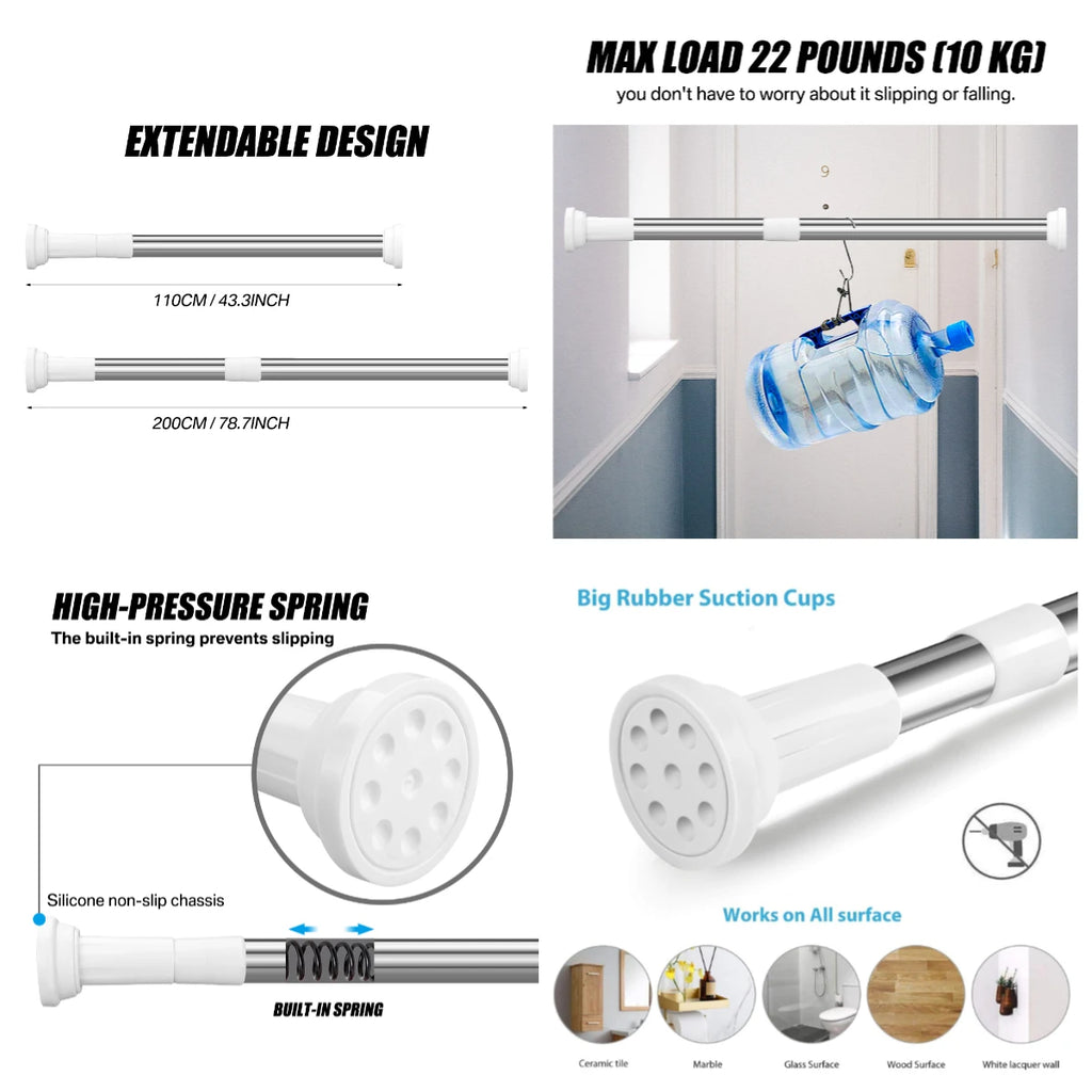 No-Drill Tension Shower Curtain Rod Adjustable 50–260cm | VIBE
