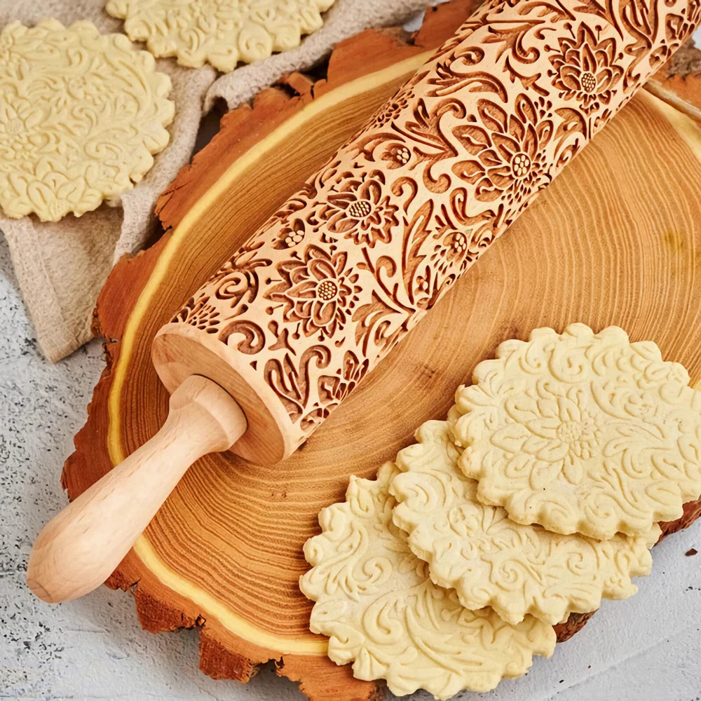 Wooden Sunflower Embossed Rolling Pin – Pastry & Cookie Stamp