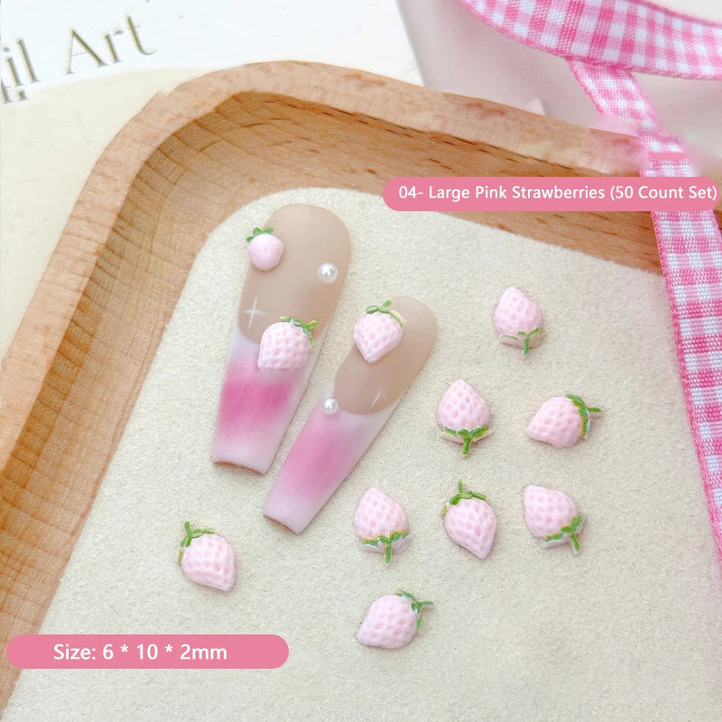 50PCS 3D Strawberry Nail Charms Resin Fruit DIY Nail Art Decor