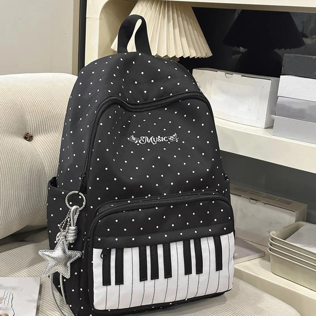 Women's Nylon Backpack Polka Dot Piano Key Design with Pendant