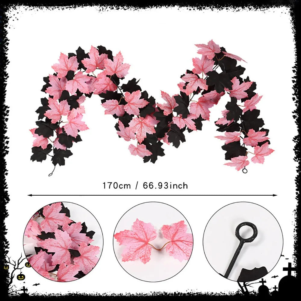 Halloween Maple Leaf Garland – Silk Faux Leaves & Gold Berries