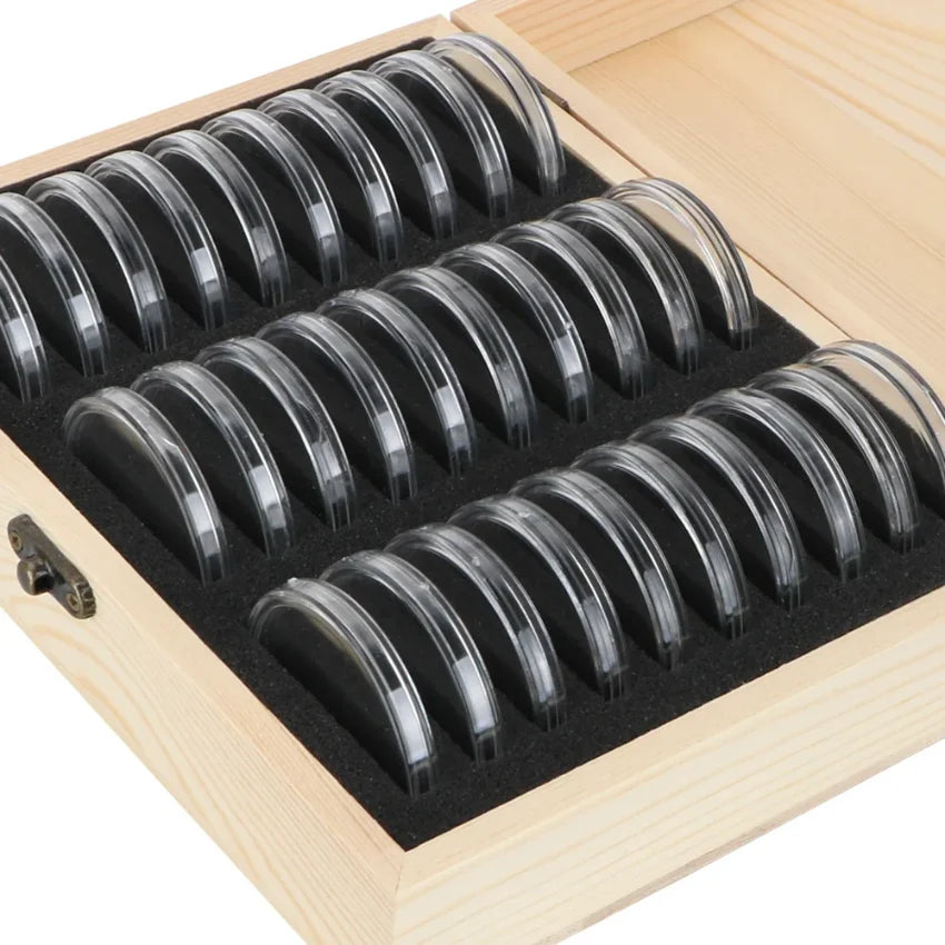 Wooden Coin Storage Box with Capsules & Pads – 20 to 100 Slots