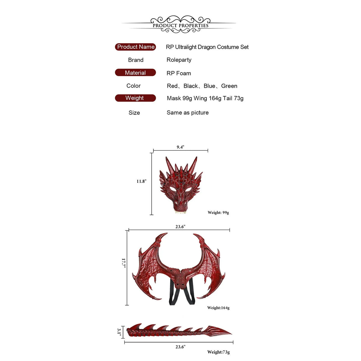 Dragon Costume Set – Mask, Wings & Tail for Kids & Adults