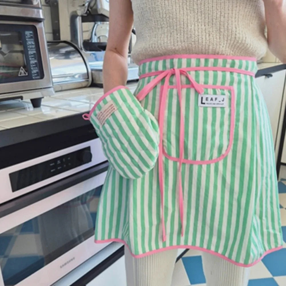 Striped Cotton Waist Apron with Pocket & Tie-Belt – Half Apron