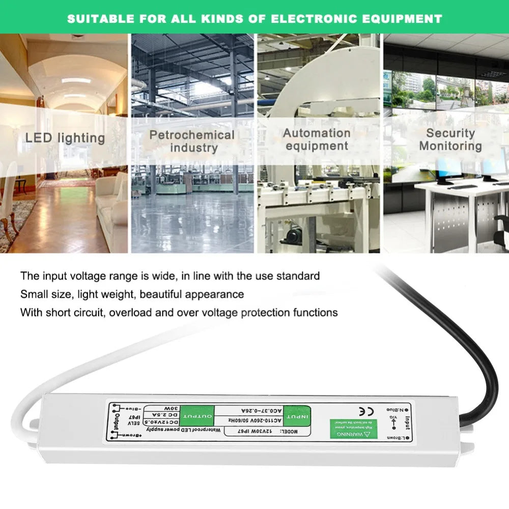 12V 30W Waterproof LED Power Supply Driver – IP67, Ultra-Thin