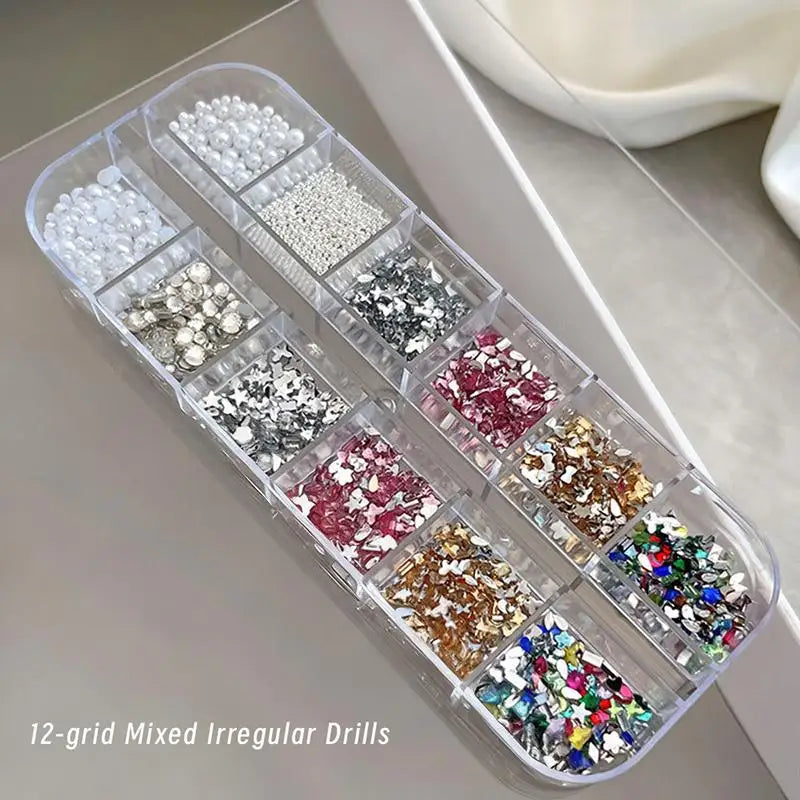 12-Grid 3D Flower Nail Art Charms – Rhinestones & Beads Kit