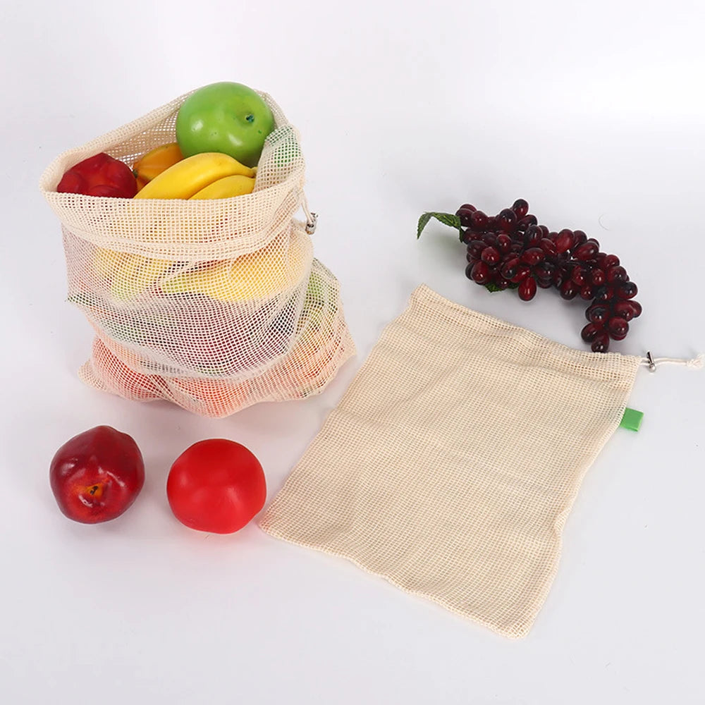 3-Pack Reusable Cotton Mesh Produce Bags with Drawstring