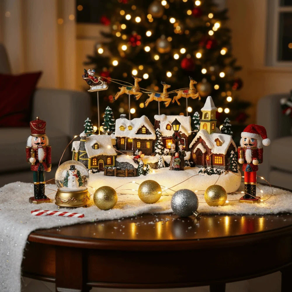 Resin Christmas Village LED Light Music Flying Reindeer Decor