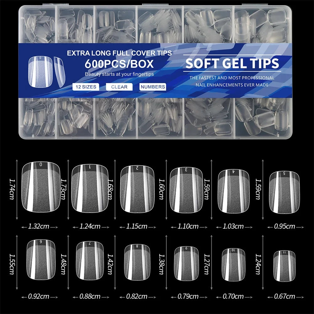 Aleekit 600pcs Soft Gel Coffin Nail Tips – 12 Sizes, Pre-Etched