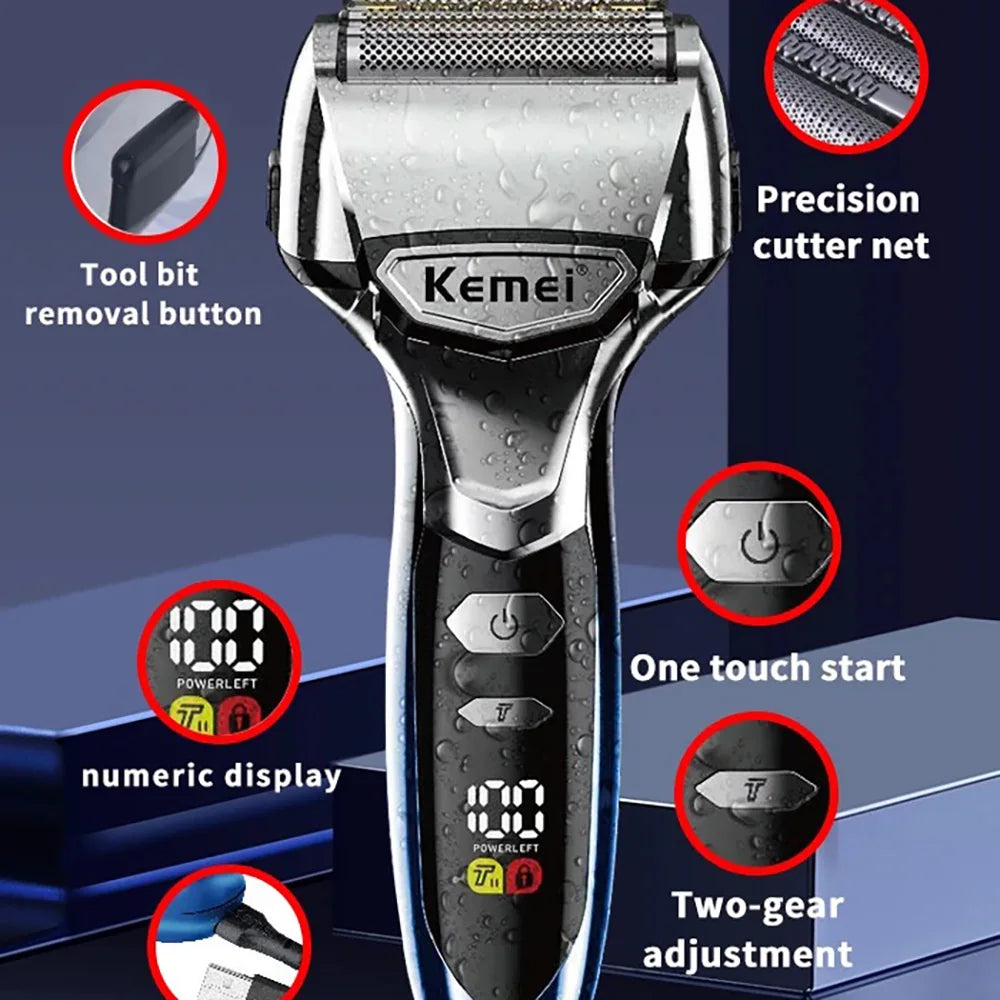 Kemei 5-Blade Electric Foil Shaver – Wet/Dry IPX7 Rechargeable