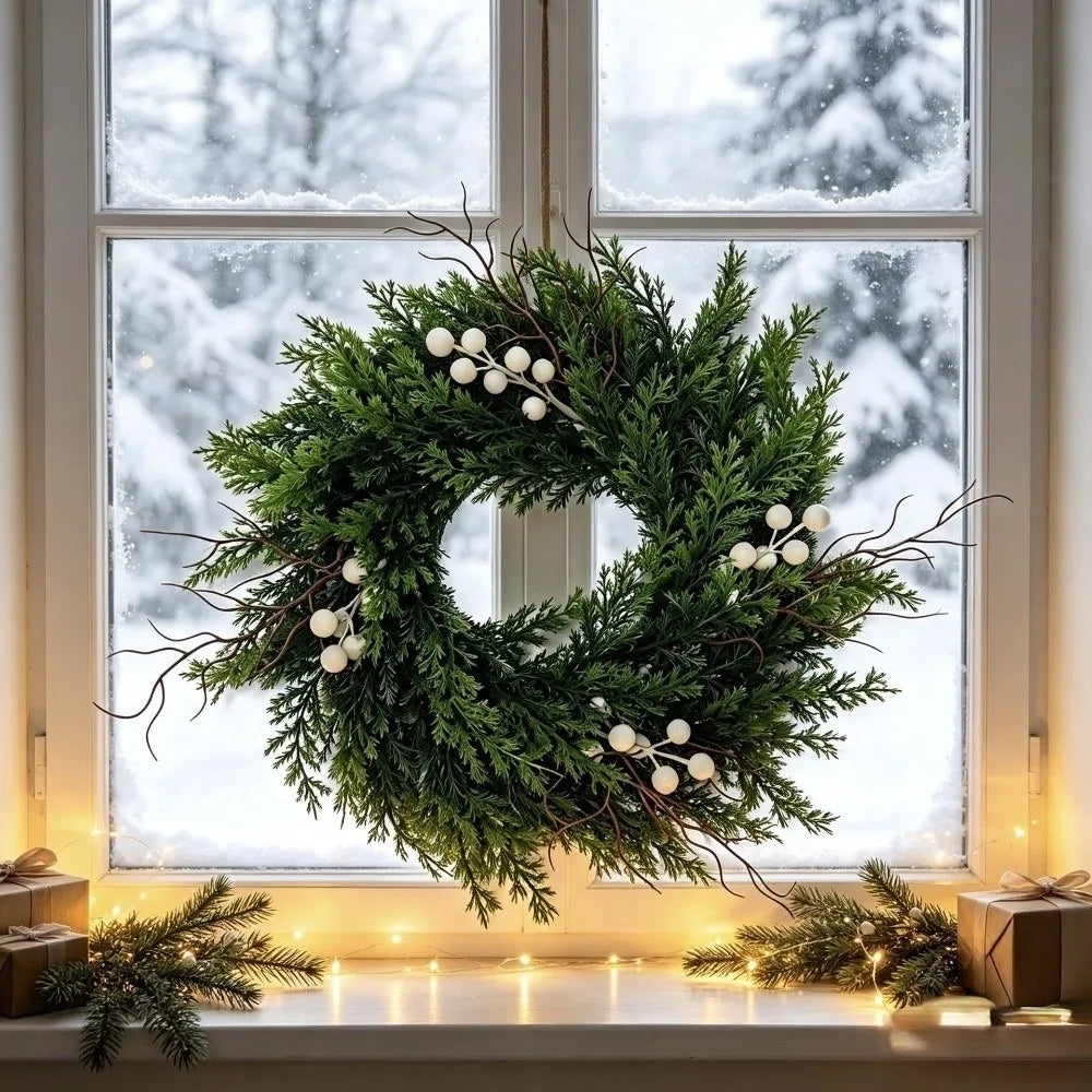 Green Artificial Christmas Wreath – Eucalyptus & Poinsettia 40cm