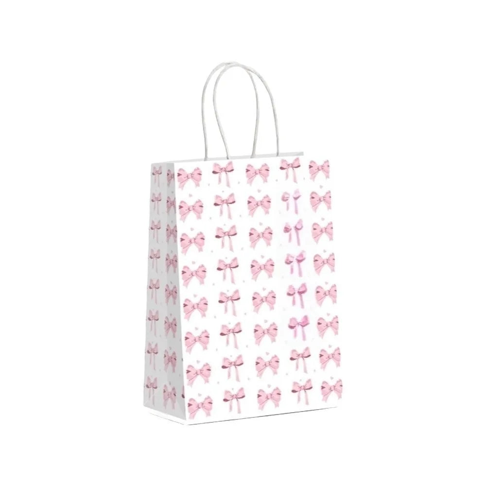 5-Pack Pink Kraft Paper Gift Bags with White Bow – Birthday Party