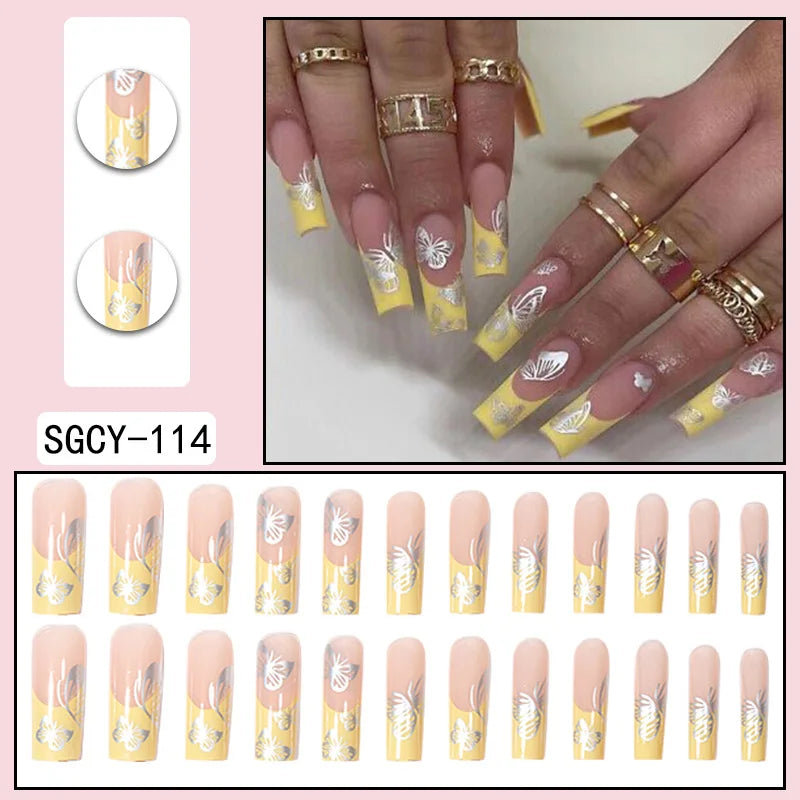 24Pcs Press On Nails with Glue – Long Acrylic False Nail Tips