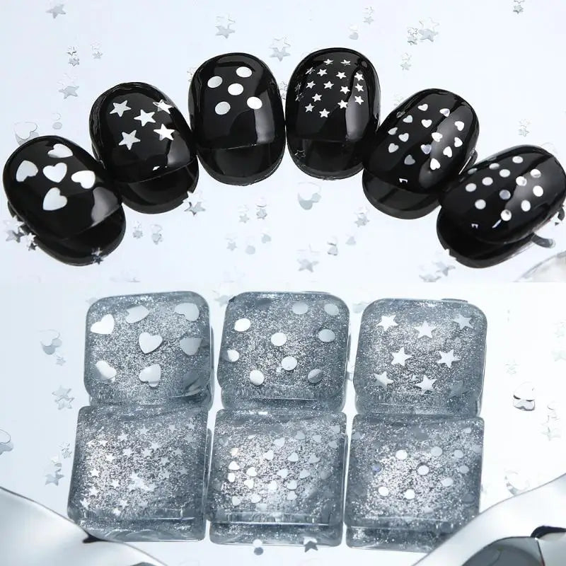 6-Grid 3D Nail Charms – Silver Glitter Love Star Nail Gems