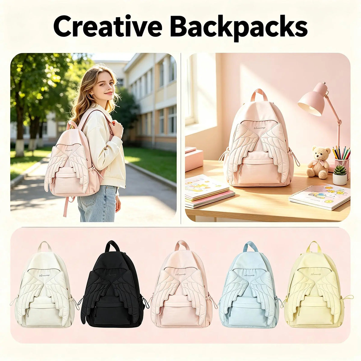 Angel Wing Y2K Nylon Backpack – Embroidered Women's Daypack