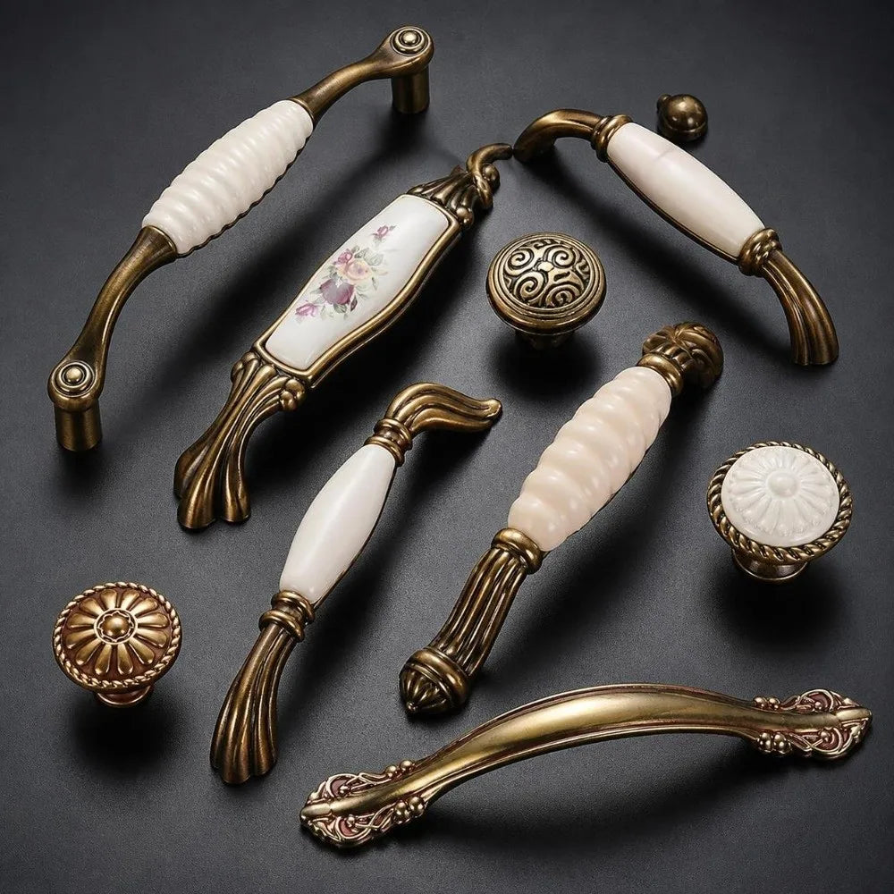 Zinc Alloy Ceramic Cabinet Pulls – Antique Gold Drawer Handles