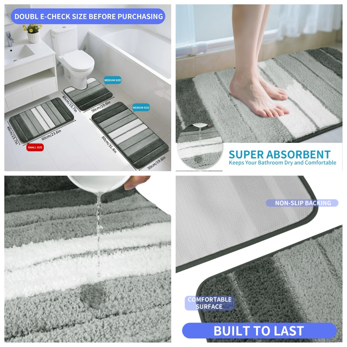Striped Microfiber Bath Mat Set – Non-Slip Absorbent Shower Rugs