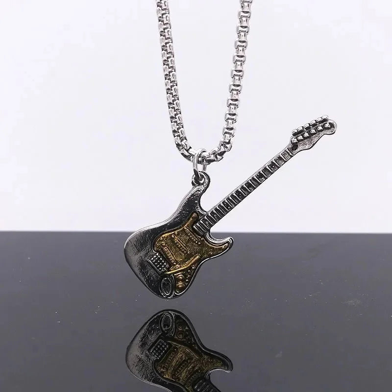 Titanium Steel Guitar Pendant Necklace – Gold Bead Chain for Men