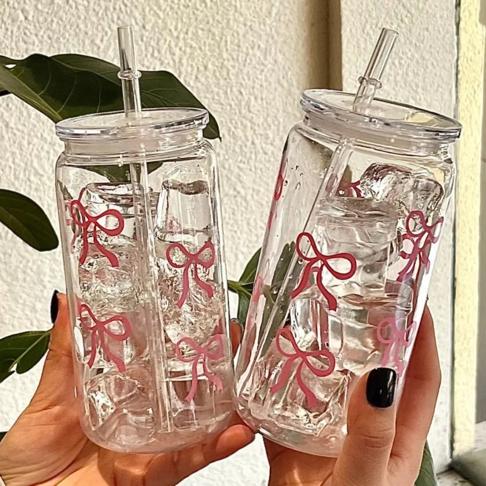 500ml Plastic Cup with Lid & Straw – Bowknot Pattern | VIBE