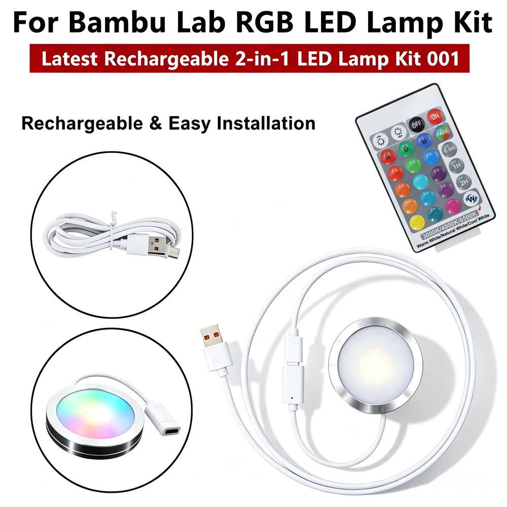 RGB LED Lamp Kit 001 for Bambu Lab 3D Printer – Rechargeable