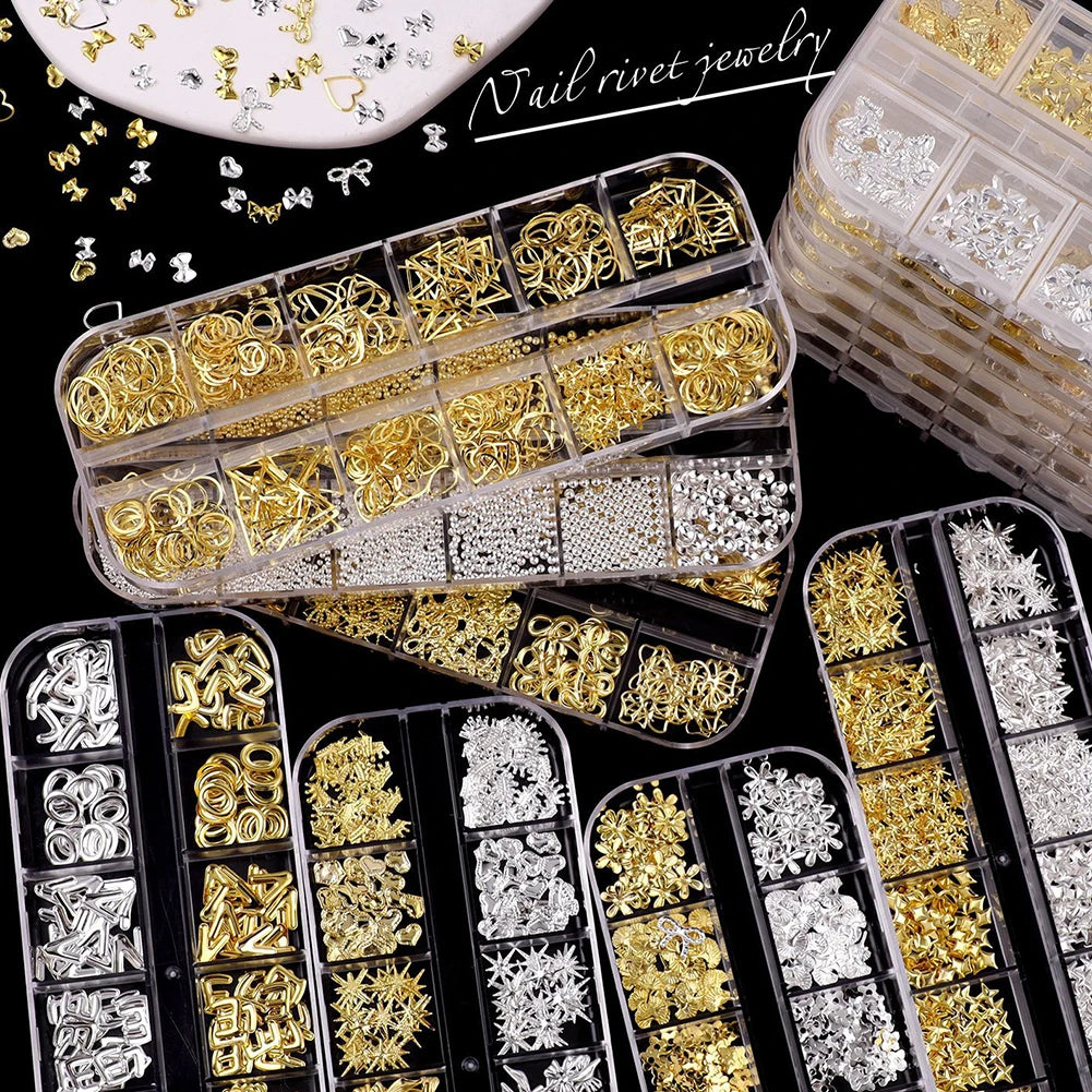 12-Grid 3D Nail Charms Gold Silver Punk Metal Art Decorations