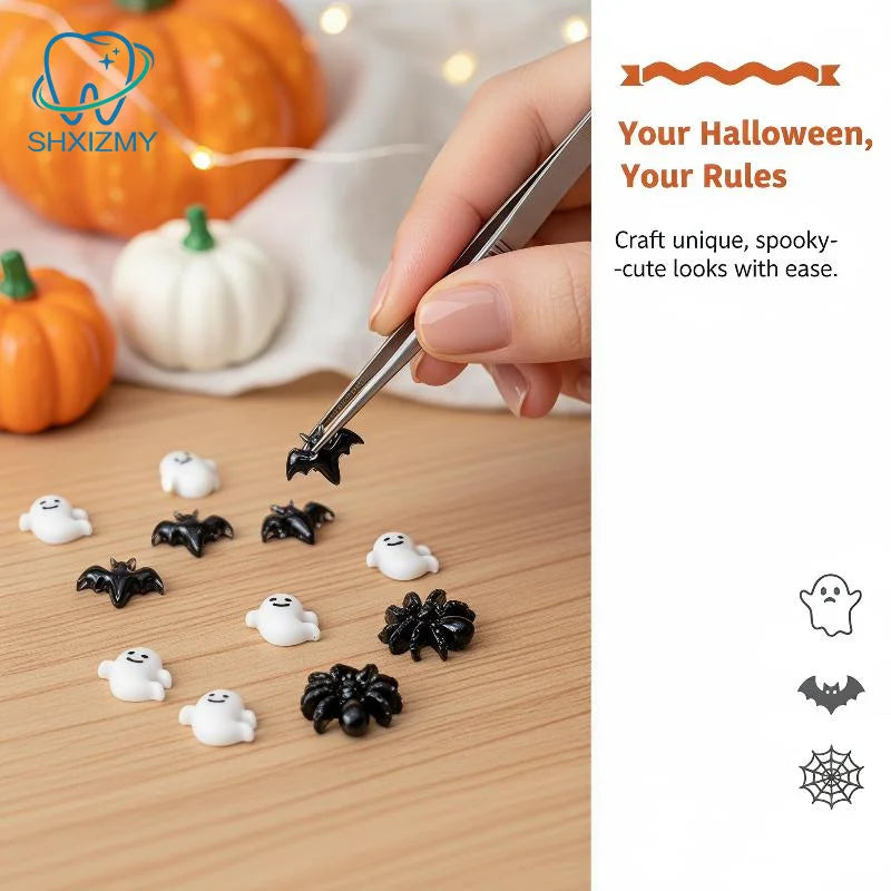 30Pcs Halloween 3D Resin Nail Charms – Bat Spider Snake
