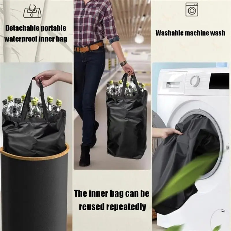 VIBE Bamboo Kitchen Recycling Bin with Lid & Reusable Bag