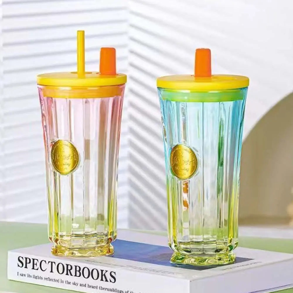 500ml Gradient Glass Cup with Lid & Straw | Slender Waist Design