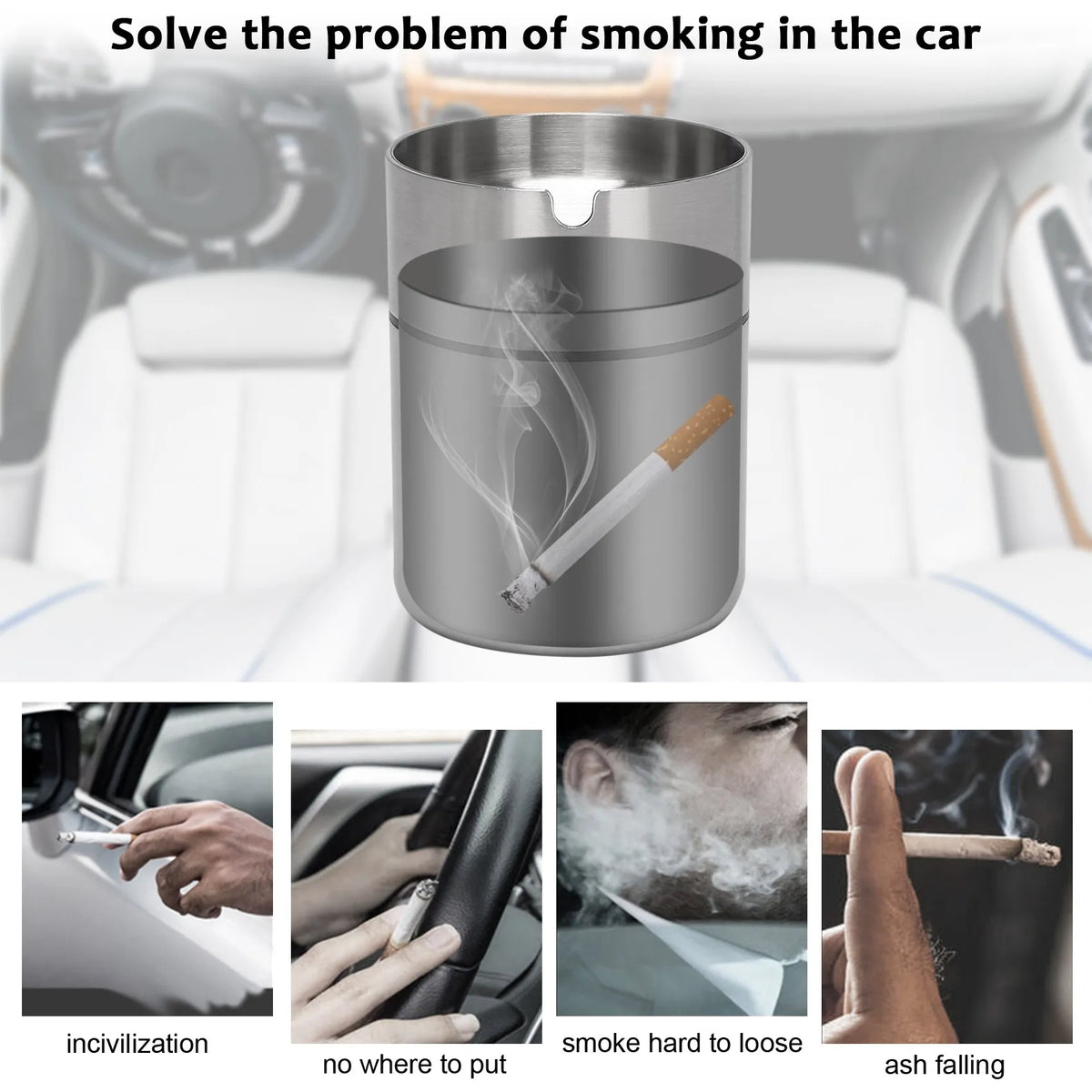 Stainless Steel Car Ashtray with Lid – Smokeless Windproof