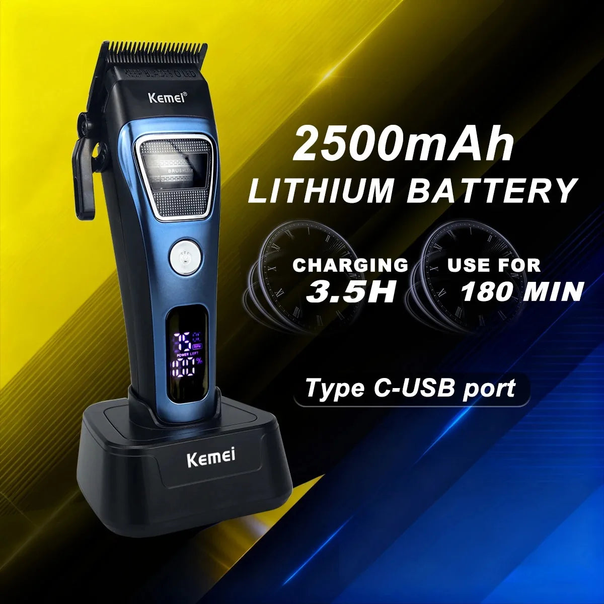 Kemei KM-1911 Pro Hair Clipper – DLC Blade, LED & Base Charger