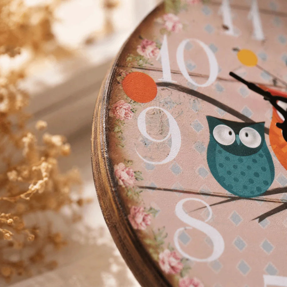 Wooden Owl Wall Clock 4.72in Round Quartz Desk & Wall Clock