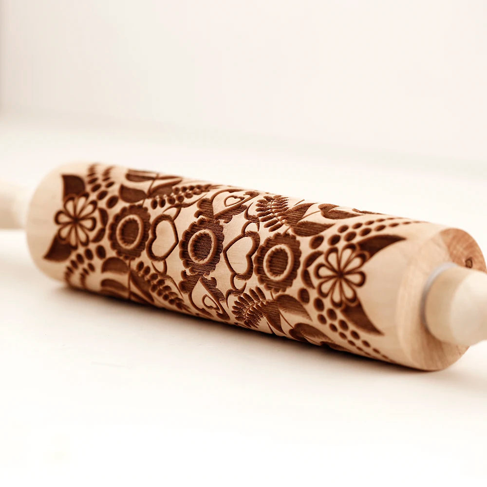 Arjmide 3D Embossed Wooden Rolling Pin – Sunflower Pattern