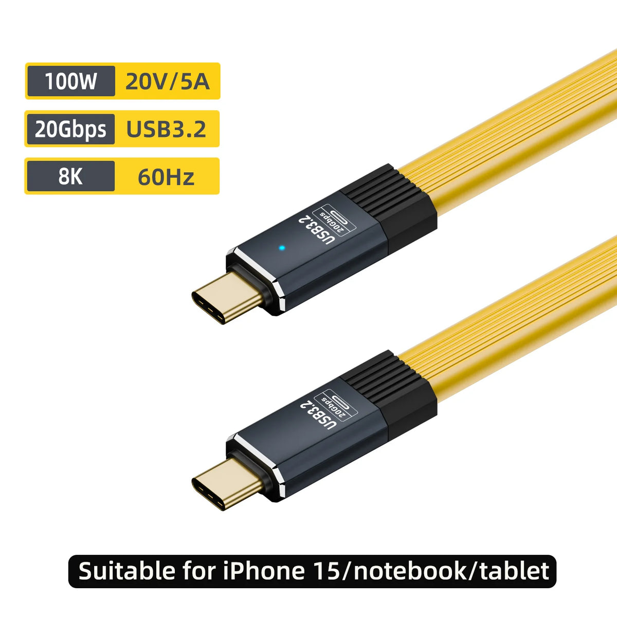 USB-C Flat Cable 20Gbps 100W PD Fast Charge 8K Video – USB 3.2