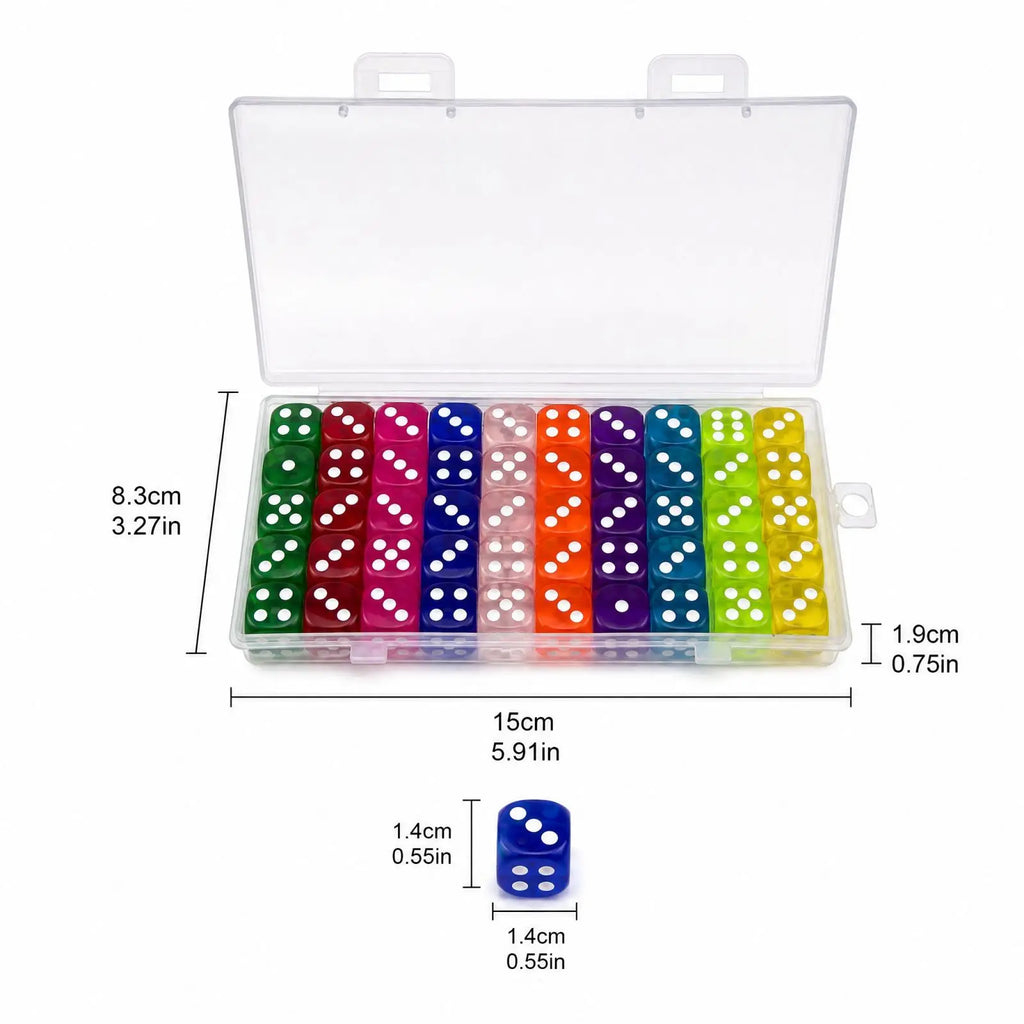 50-Pack 14mm 6-Sided Acrylic Dice – 10 Colors for Board Games