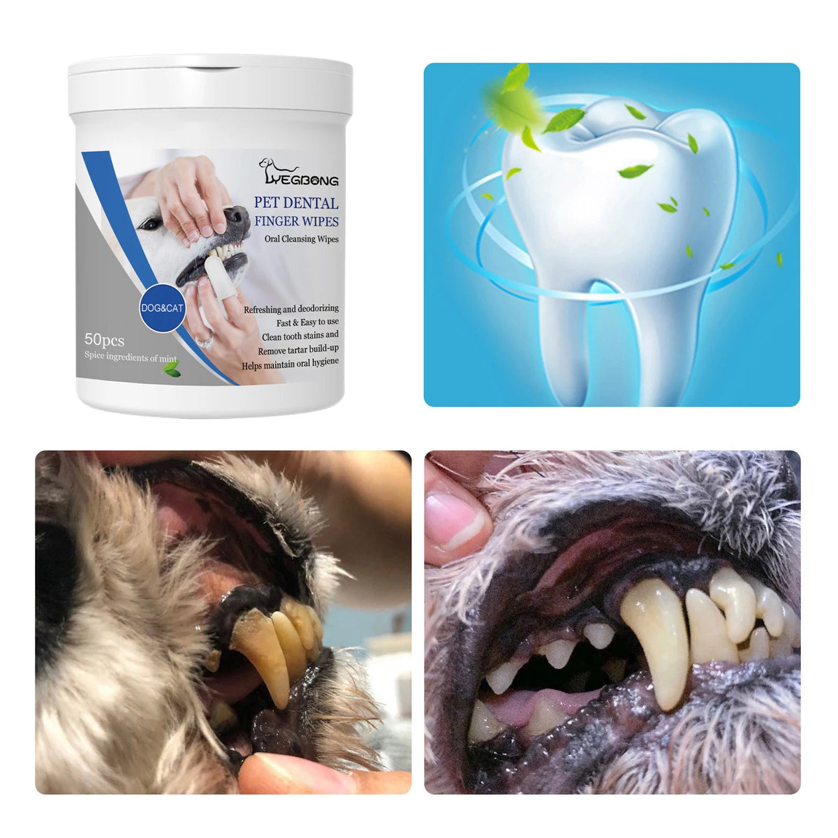 Pet Dental Finger Wipes for Dogs & Cats – 50 Pcs Oral Care
